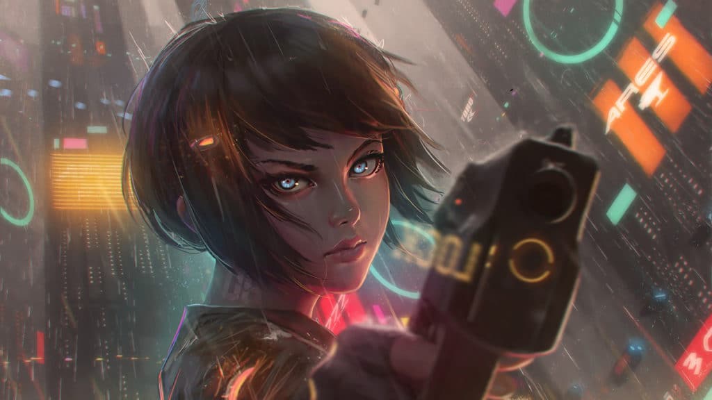 banner con pistola per ragazza anime cyberpunk